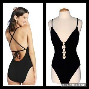 Shade & Shore Textured Black Low Tie Back V Neck Gold Rings One Piece Swimsuit S